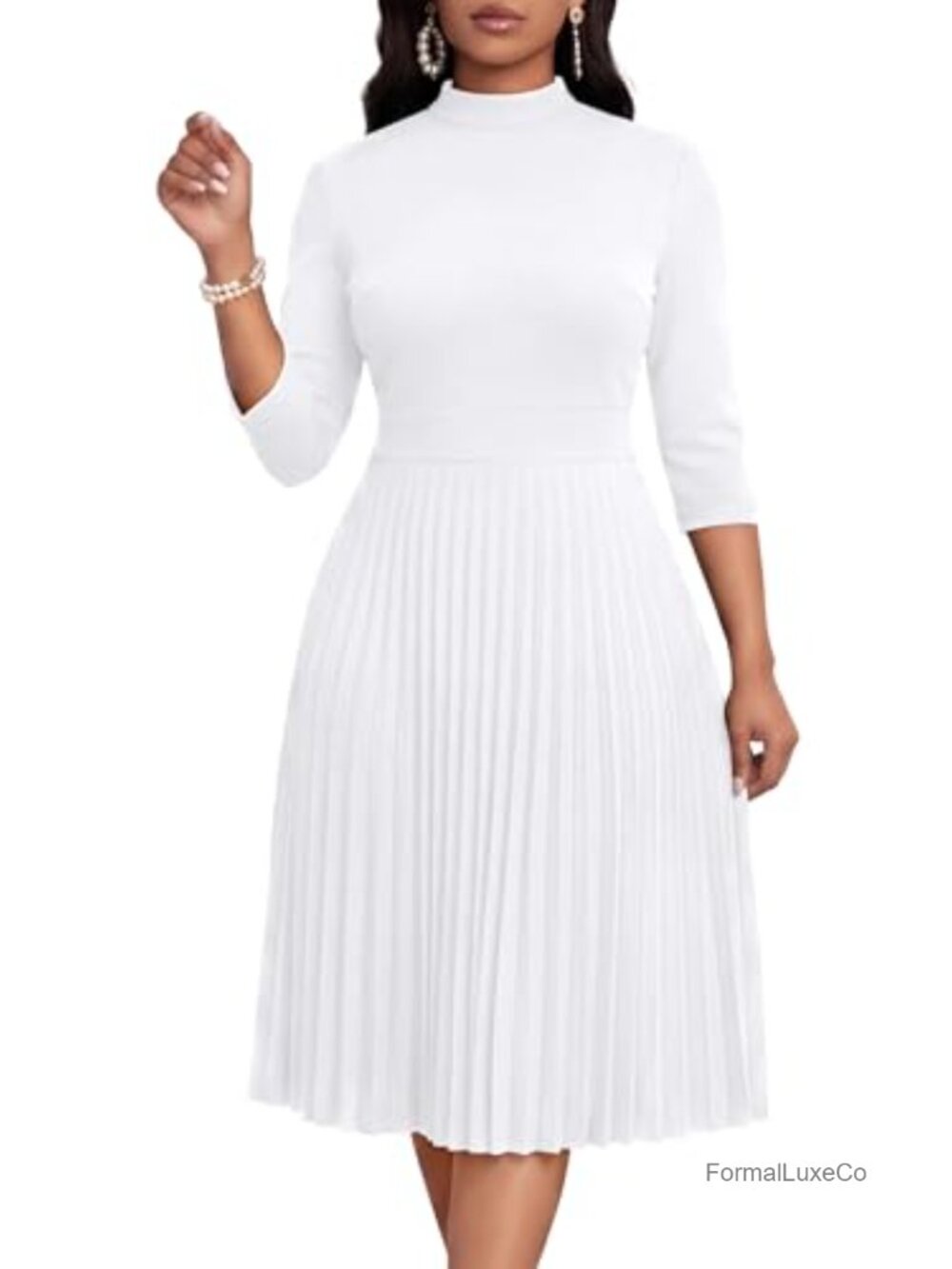 Pleated A-Line Midi Dress 3/4 Sleeve Mock Neck Pockets Casual Church